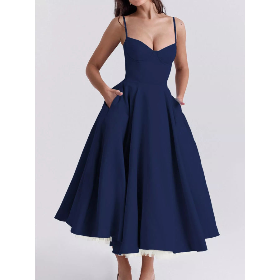 Sweetheart Neck A-Line Midi Dress Navy Blue / S Apparel and Accessories