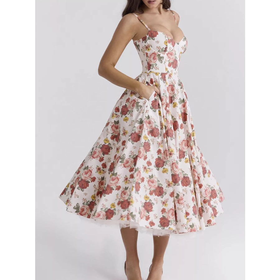Sweetheart Neck A-Line Midi Dress Red Flower / S Apparel and Accessories