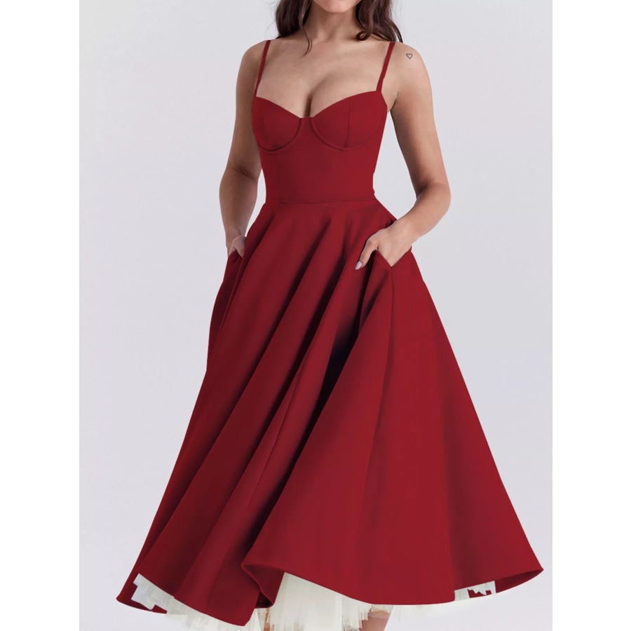 Sweetheart Neck A-Line Midi Dress Red / S Apparel and Accessories
