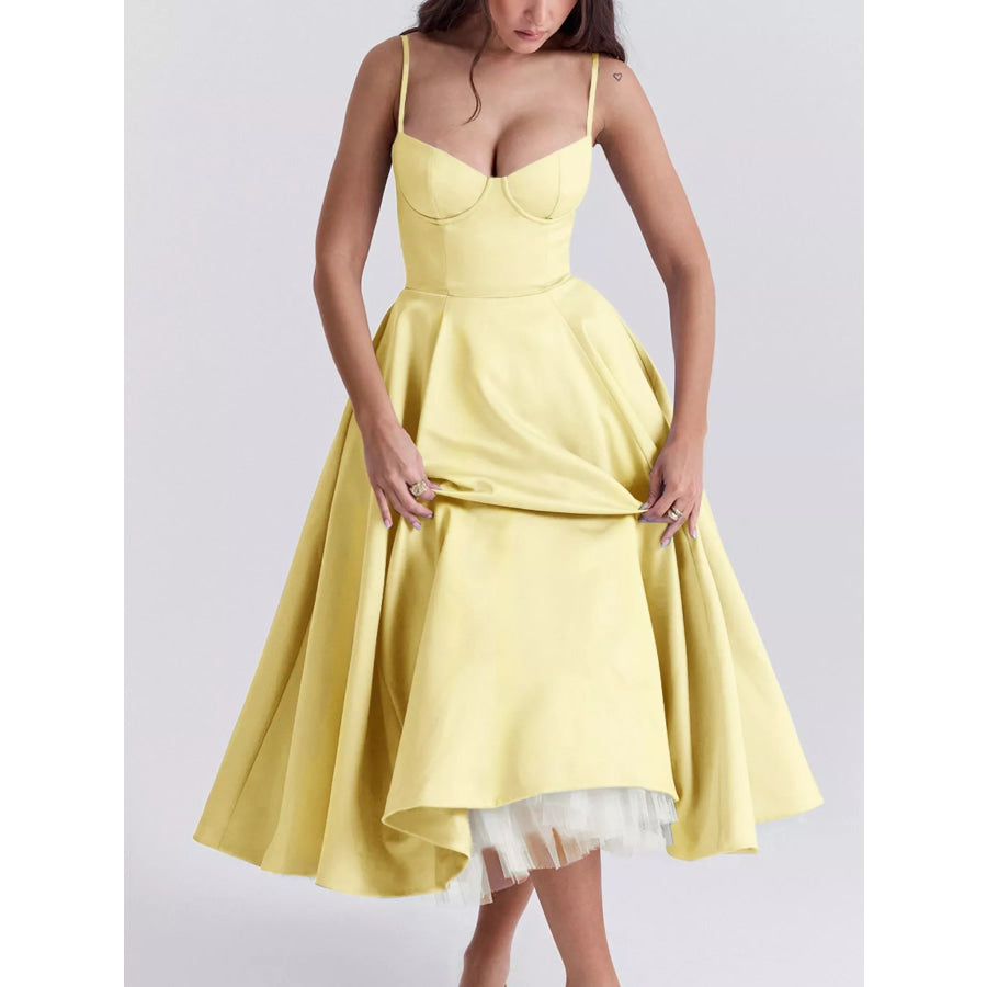 Sweetheart Neck A-Line Midi Dress Yellow / S Apparel and Accessories