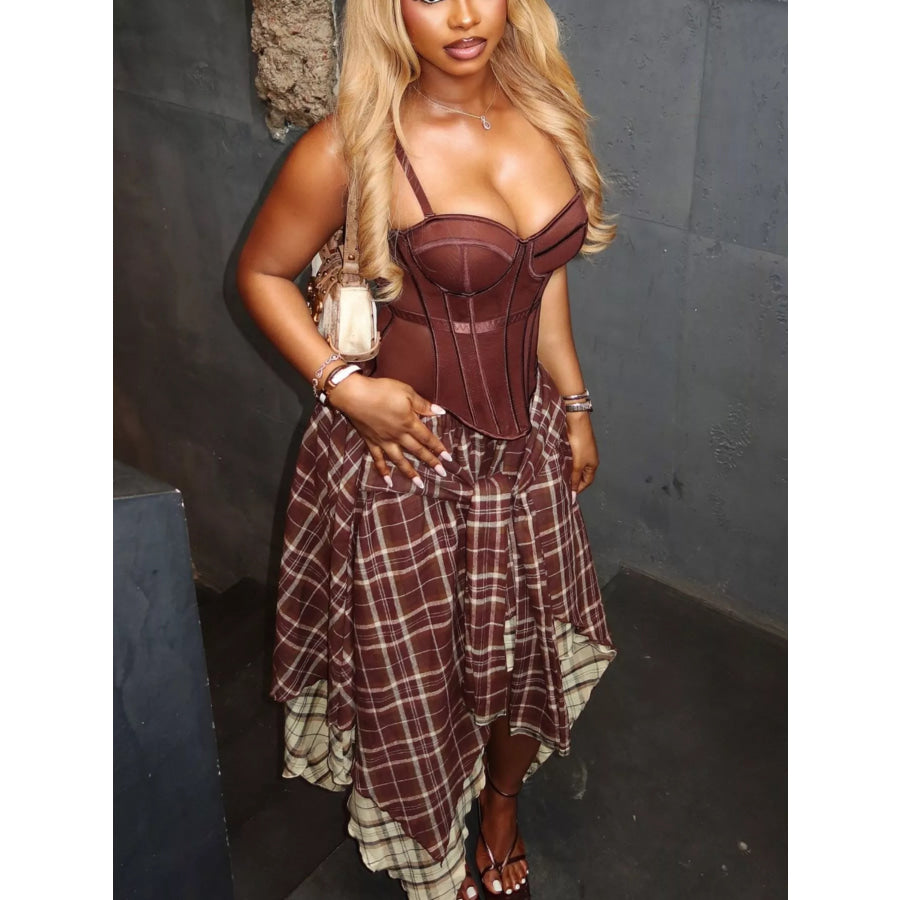 Sweetheart Neck Cami and Asymmetrical Plaid Skirt Set Apparel and Accessories
