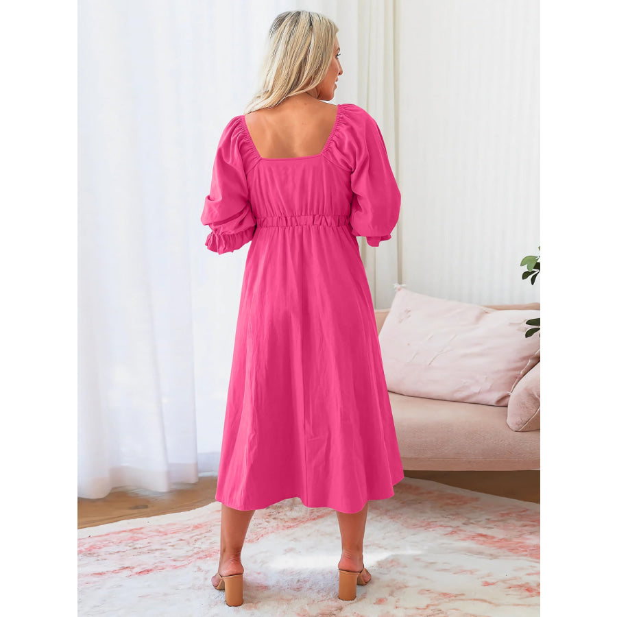 Sweetheart Neck Flounce Sleeve Midi Dress Apparel and Accessories