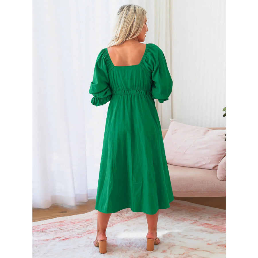 Sweetheart Neck Flounce Sleeve Midi Dress Green / S Apparel and Accessories