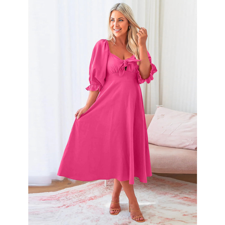Sweetheart Neck Flounce Sleeve Midi Dress Hot Pink / S Apparel and Accessories