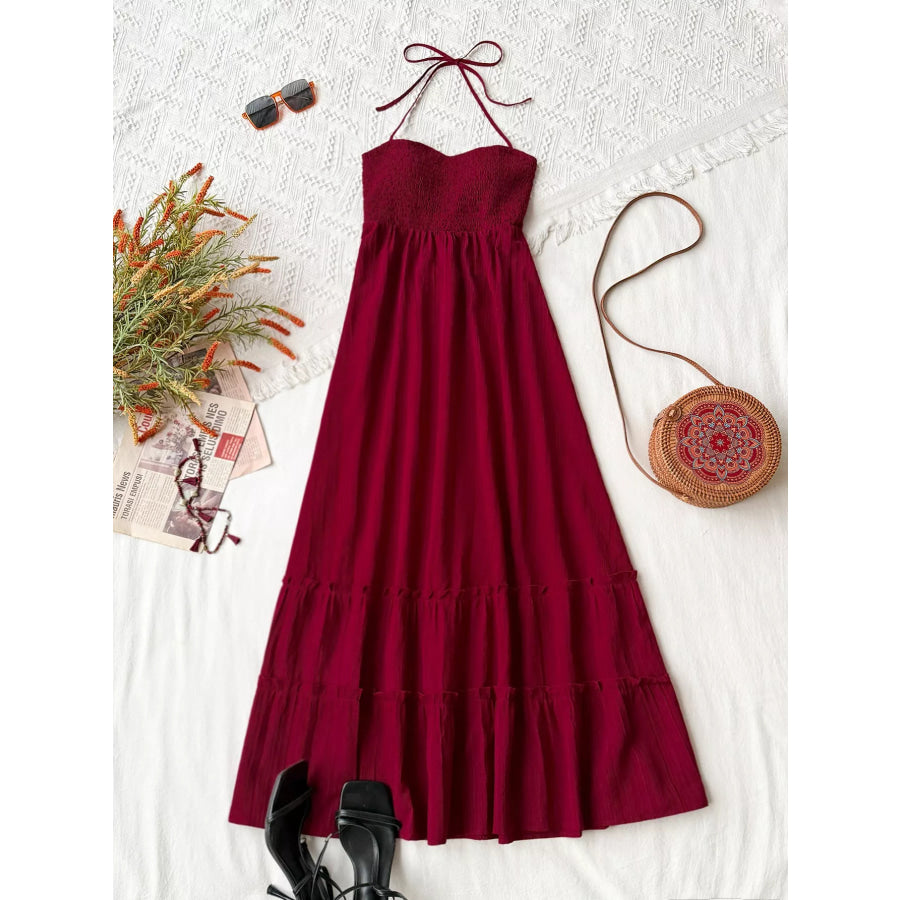 Sweetheart Neck Halter Neck Tiered Dress Burgundy / M Apparel and Accessories