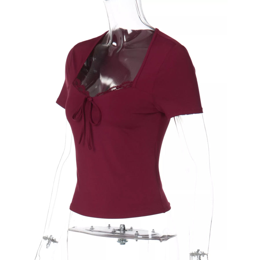 Sweetheart Neck Lace Trim Tie-Front T-Shirt Apparel and Accessories
