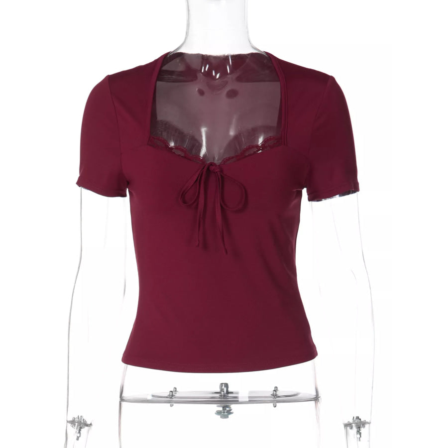 Sweetheart Neck Lace Trim Tie-Front T-Shirt Apparel and Accessories