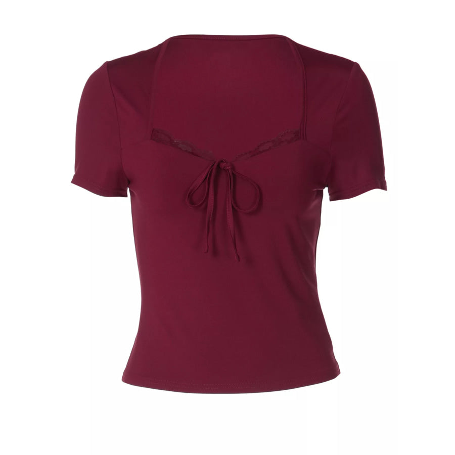 Sweetheart Neck Lace Trim Tie-Front T-Shirt Apparel and Accessories