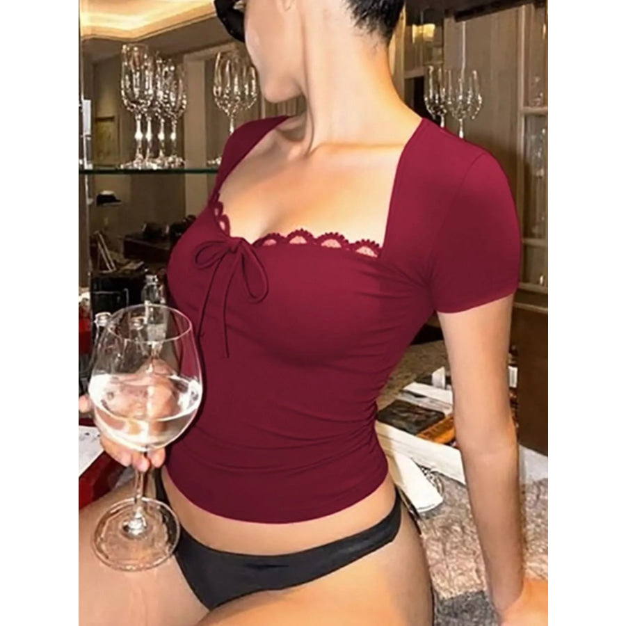 Sweetheart Neck Lace Trim Tie-Front T-Shirt Apparel and Accessories