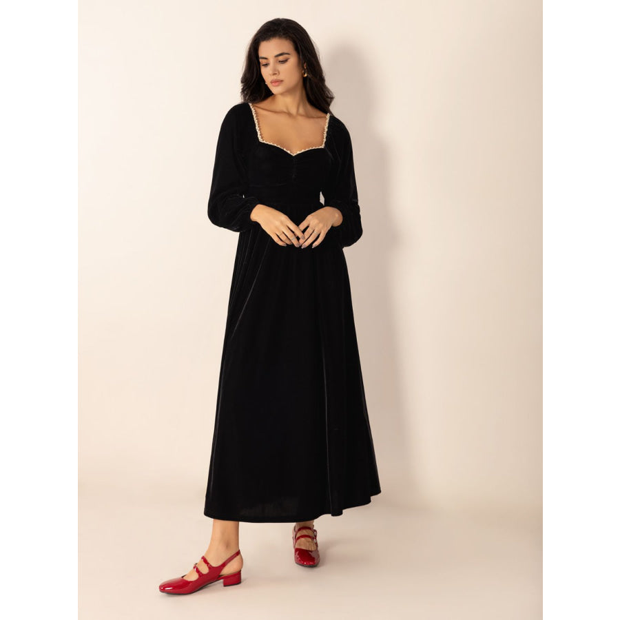 Sweetheart Neck Long Sleeve Midi Dress Apparel and Accessories