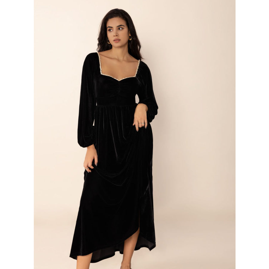 Sweetheart Neck Long Sleeve Midi Dress Black / S Apparel and Accessories