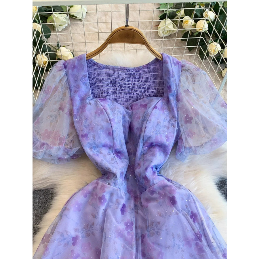 Sweetheart Neck Puff Sleeve Dress Purple / One Size Apparel and Accessories