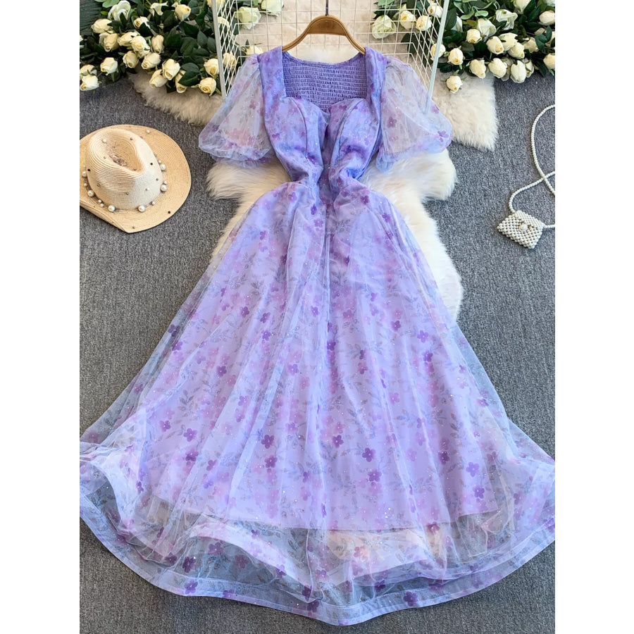 Sweetheart Neck Puff Sleeve Dress Purple / One Size Apparel and Accessories