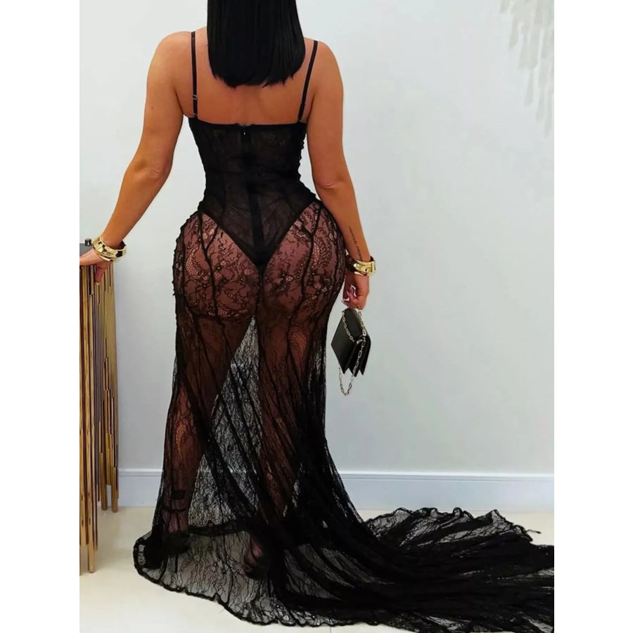 Sweetheart Neck Sheer Lace Maxi Dress Apparel and Accessories