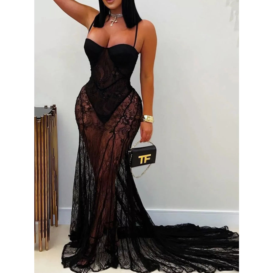 Sweetheart Neck Sheer Lace Maxi Dress Apparel and Accessories