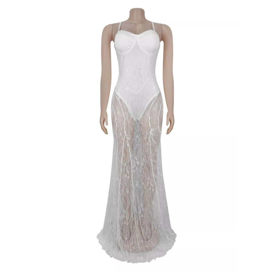 Sweetheart Neck Sheer Lace Maxi Dress Apparel and Accessories