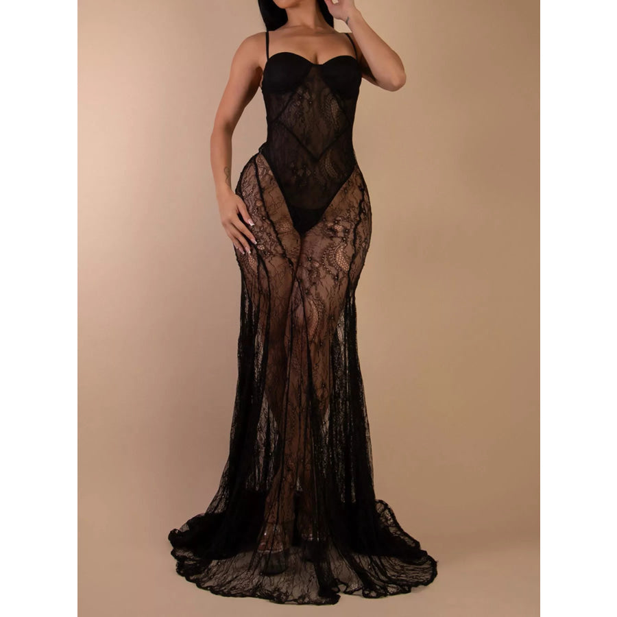 Sweetheart Neck Sheer Lace Maxi Dress Black / S Apparel and Accessories