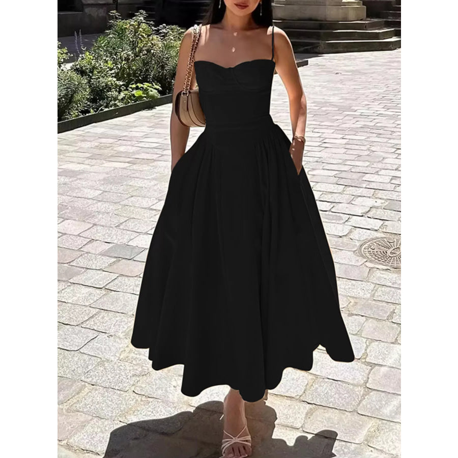 Sweetheart Neck Spaghetti Strap Midi Dress Black / S Apparel and Accessories