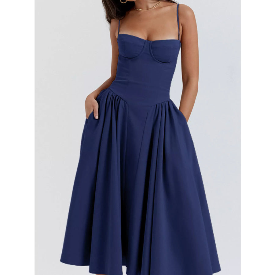 Sweetheart Neck Spaghetti Strap Midi Dress Dark Blue / S Apparel and Accessories