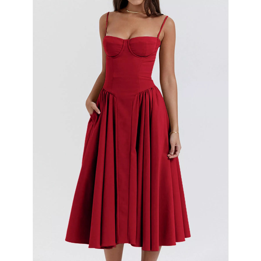 Sweetheart Neck Spaghetti Strap Midi Dress Deep Red / S Apparel and Accessories