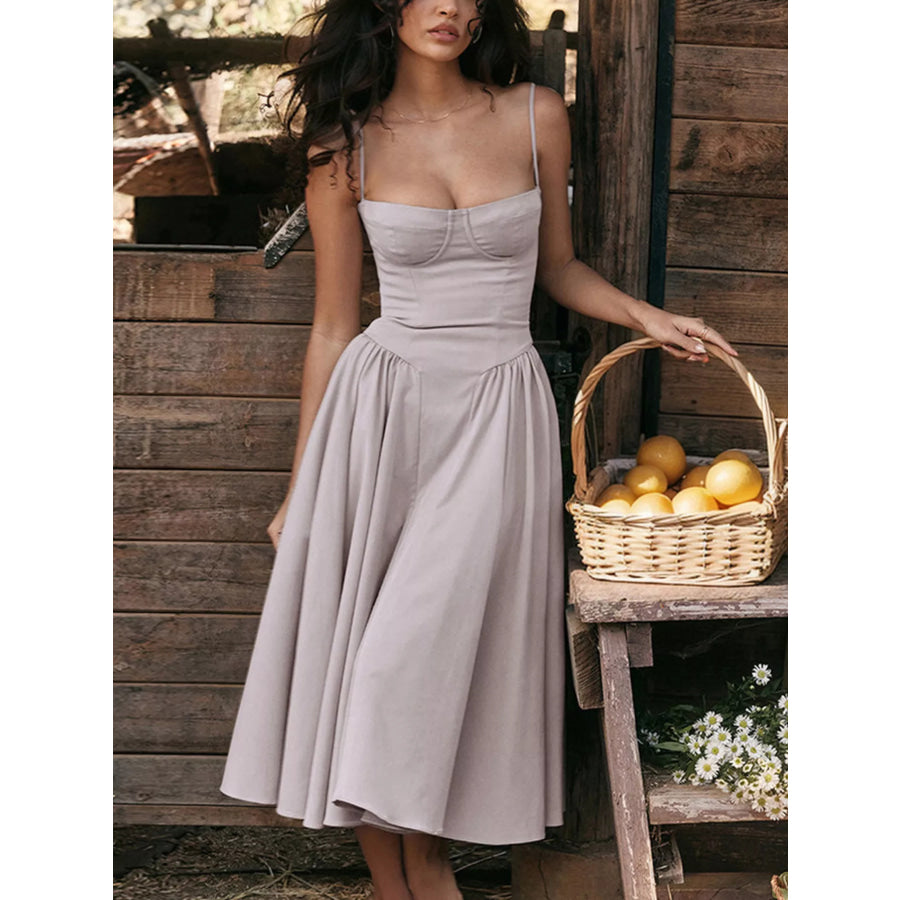 Sweetheart Neck Spaghetti Strap Midi Dress Light Gray / S Apparel and Accessories