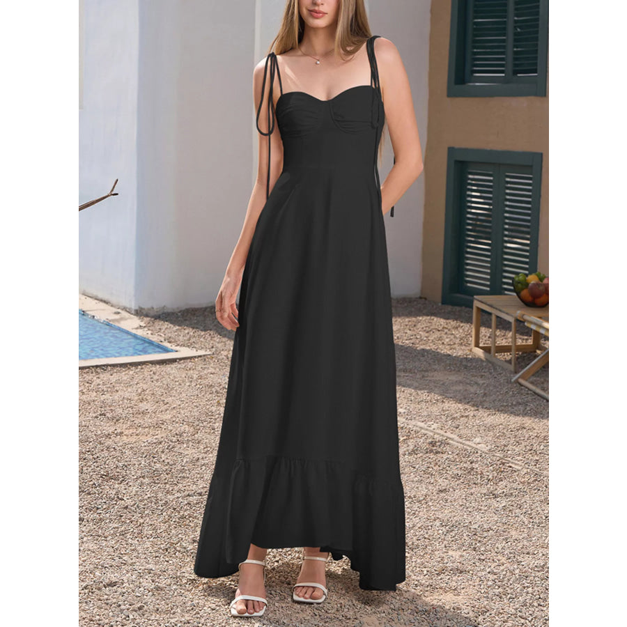 Sweetheart Neck Tie-Strap Ruffle Hem Maxi Dress Apparel and Accessories