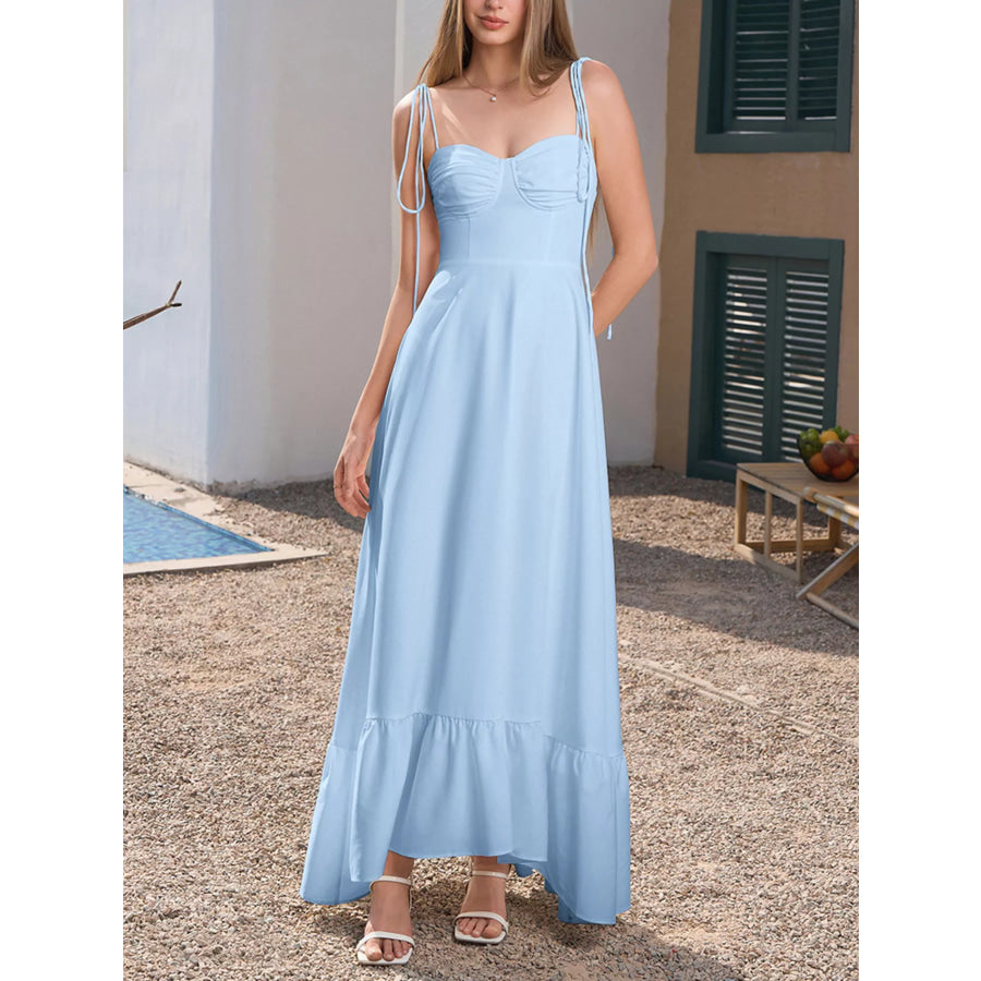 Sweetheart Neck Tie-Strap Ruffle Hem Maxi Dress Apparel and Accessories