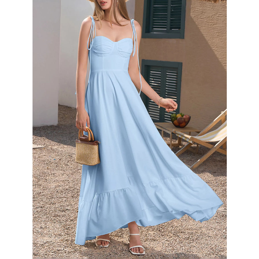 Sweetheart Neck Tie-Strap Ruffle Hem Maxi Dress Apparel and Accessories