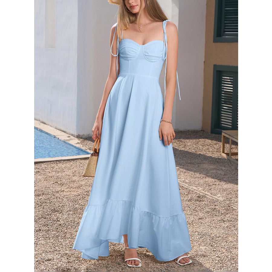 Sweetheart Neck Tie-Strap Ruffle Hem Maxi Dress Apparel and Accessories