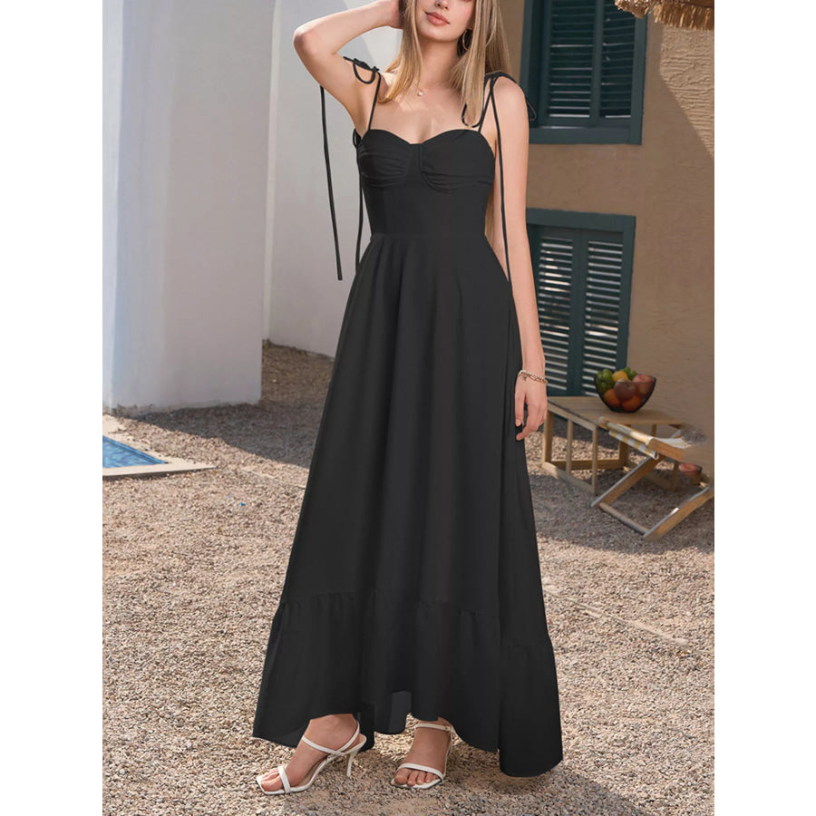 Sweetheart Neck Tie-Strap Ruffle Hem Maxi Dress Black / XS Apparel and Accessories