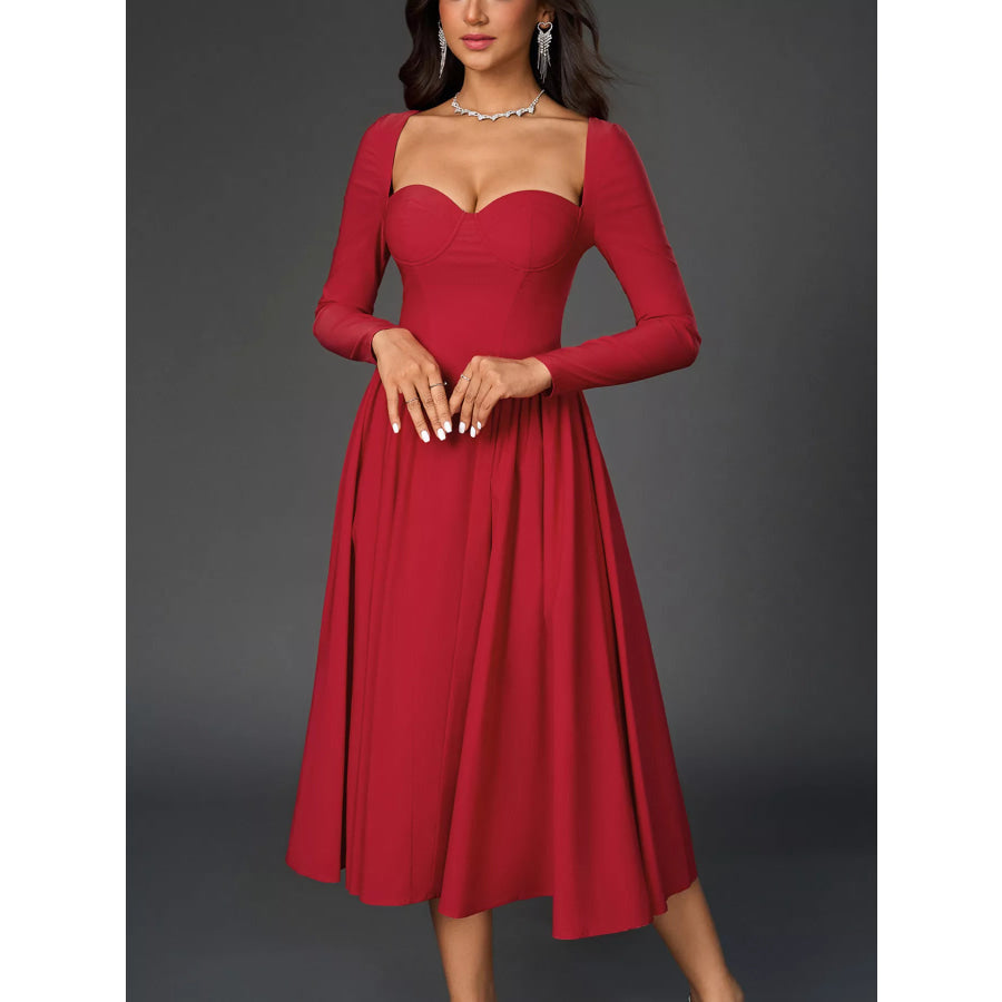 Sweetheart Neckline Long Sleeve A-Line Midi Dress Apparel and Accessories
