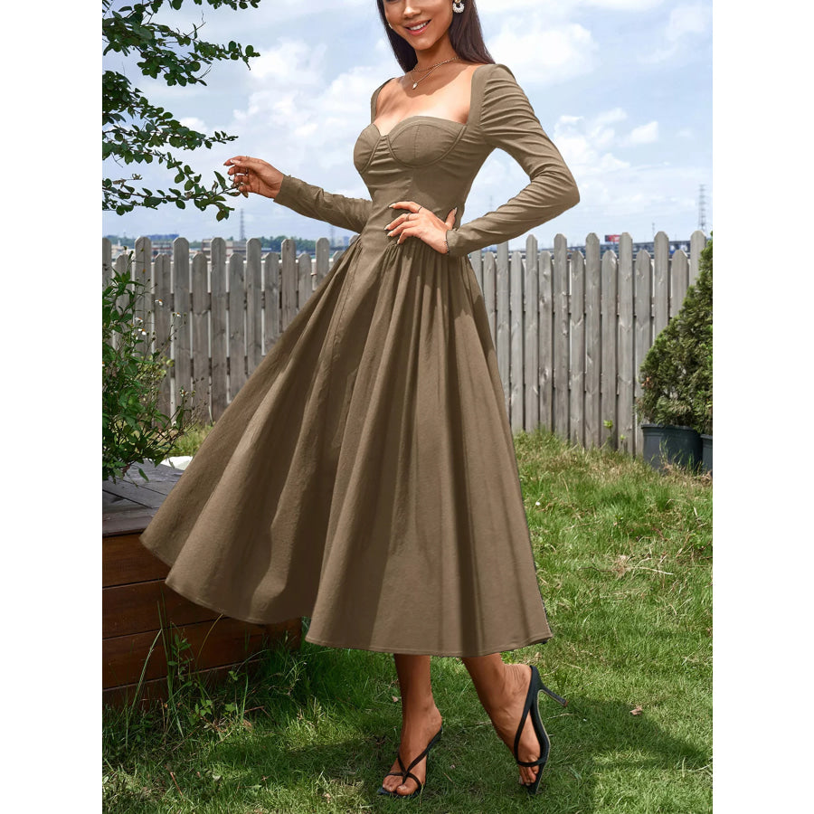 Sweetheart Neckline Long Sleeve A-Line Midi Dress Apparel and Accessories