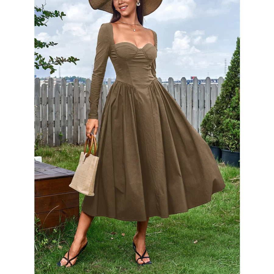 Sweetheart Neckline Long Sleeve A-Line Midi Dress Apparel and Accessories