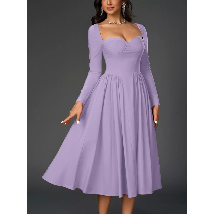 Sweetheart Neckline Long Sleeve A-Line Midi Dress Apparel and Accessories