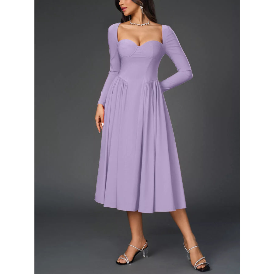 Sweetheart Neckline Long Sleeve A-Line Midi Dress Apparel and Accessories