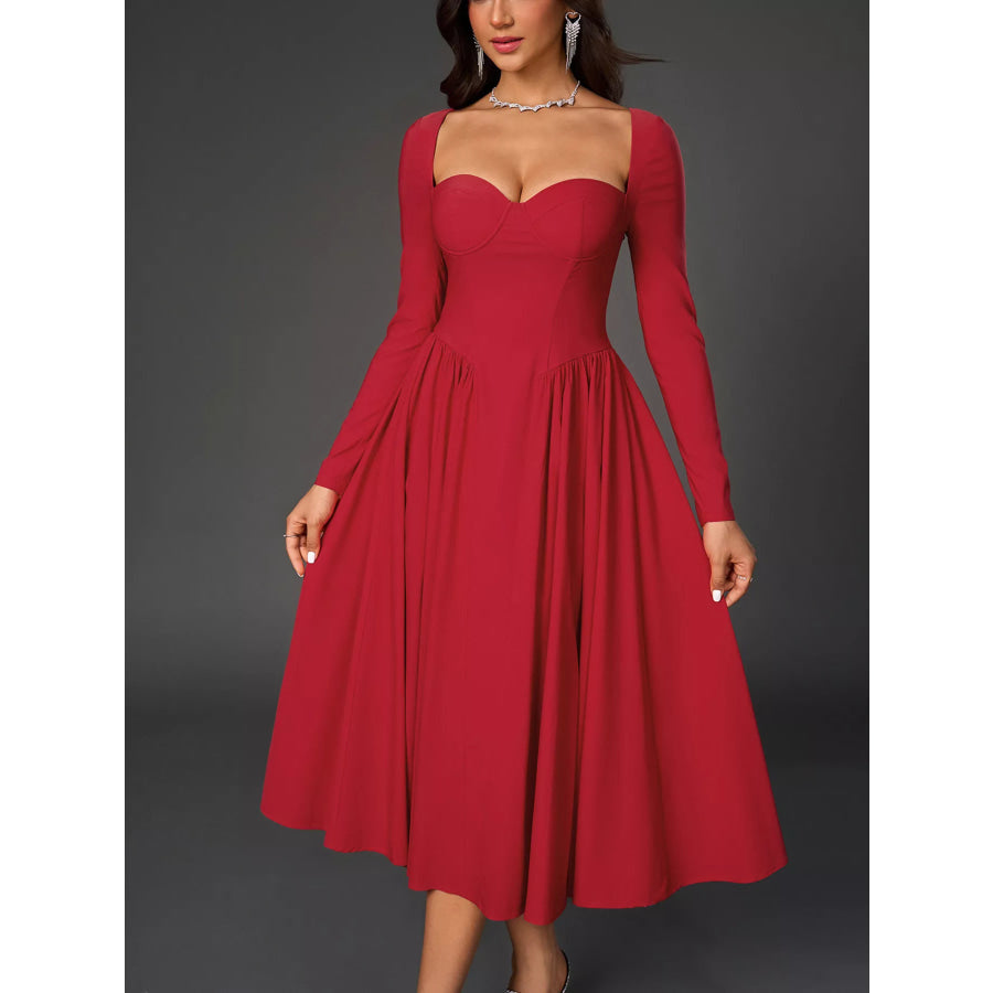 Sweetheart Neckline Long Sleeve A-Line Midi Dress Apparel and Accessories