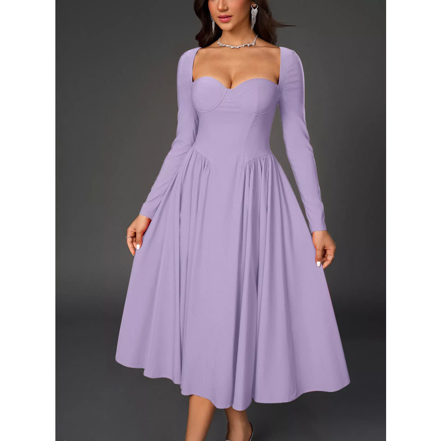 Sweetheart Neckline Long Sleeve A-Line Midi Dress Apparel and Accessories