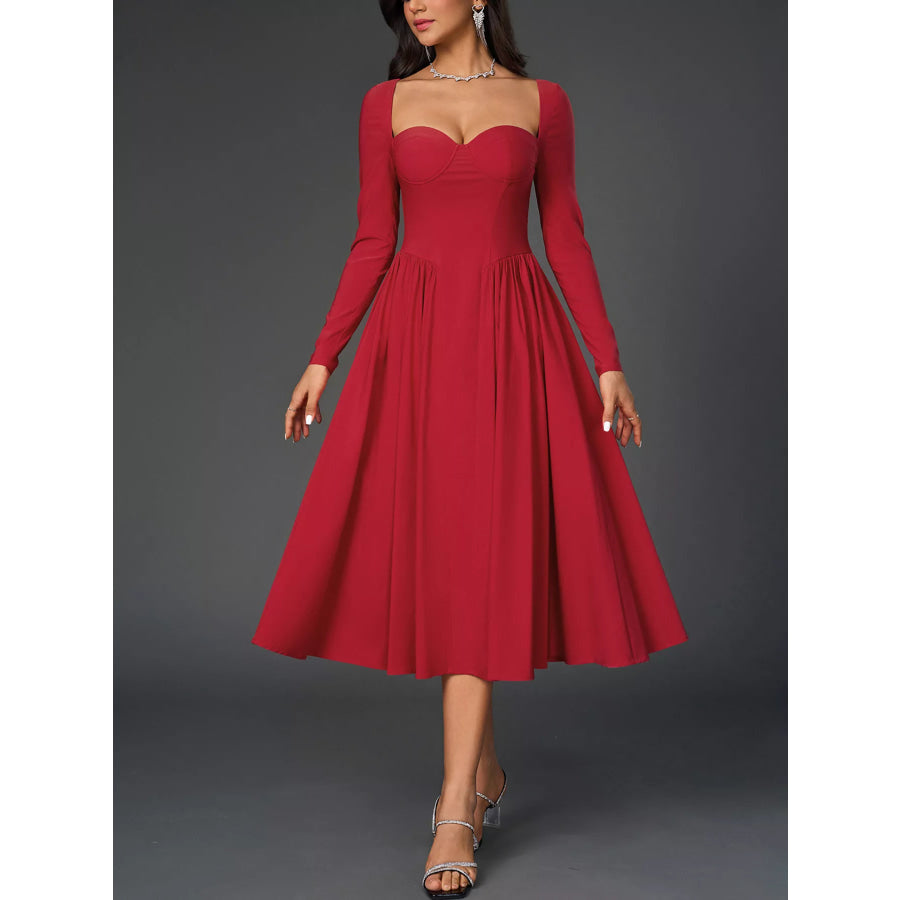 Sweetheart Neckline Long Sleeve A-Line Midi Dress Apparel and Accessories