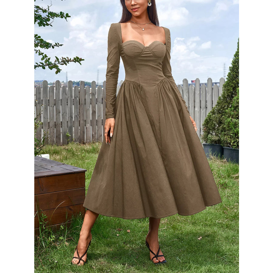 Sweetheart Neckline Long Sleeve A-Line Midi Dress Apparel and Accessories