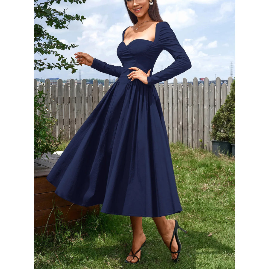 Sweetheart Neckline Long Sleeve A-Line Midi Dress Apparel and Accessories