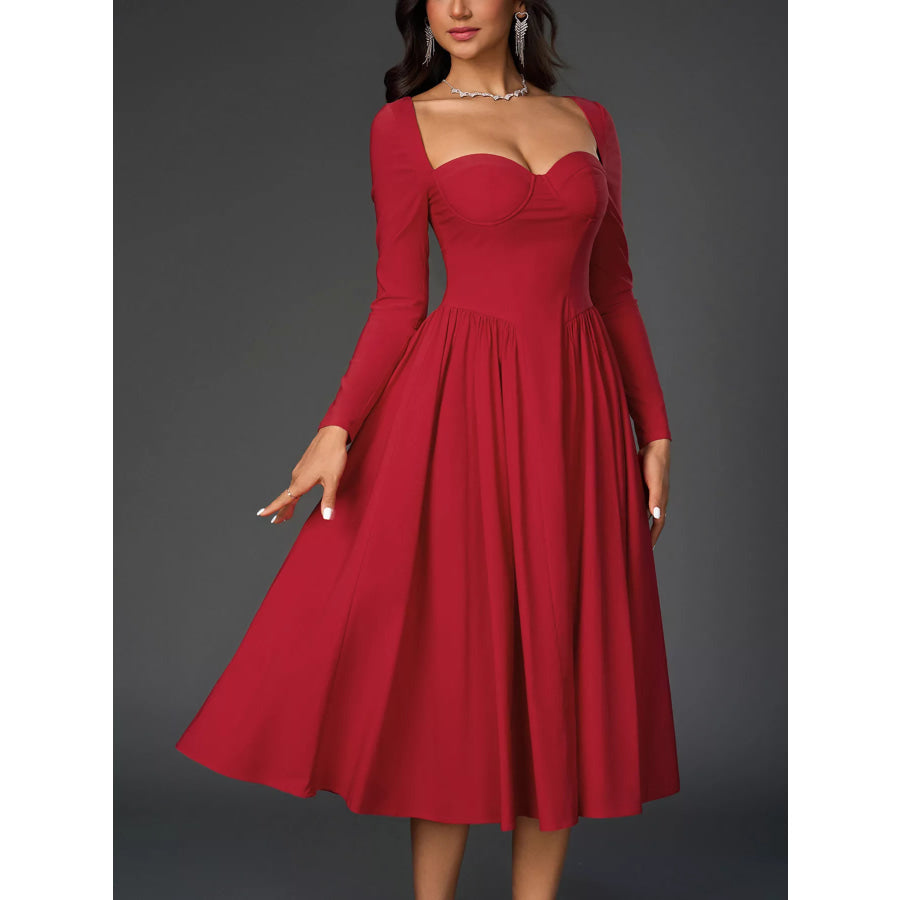 Sweetheart Neckline Long Sleeve A-Line Midi Dress Red / XS Apparel and Accessories