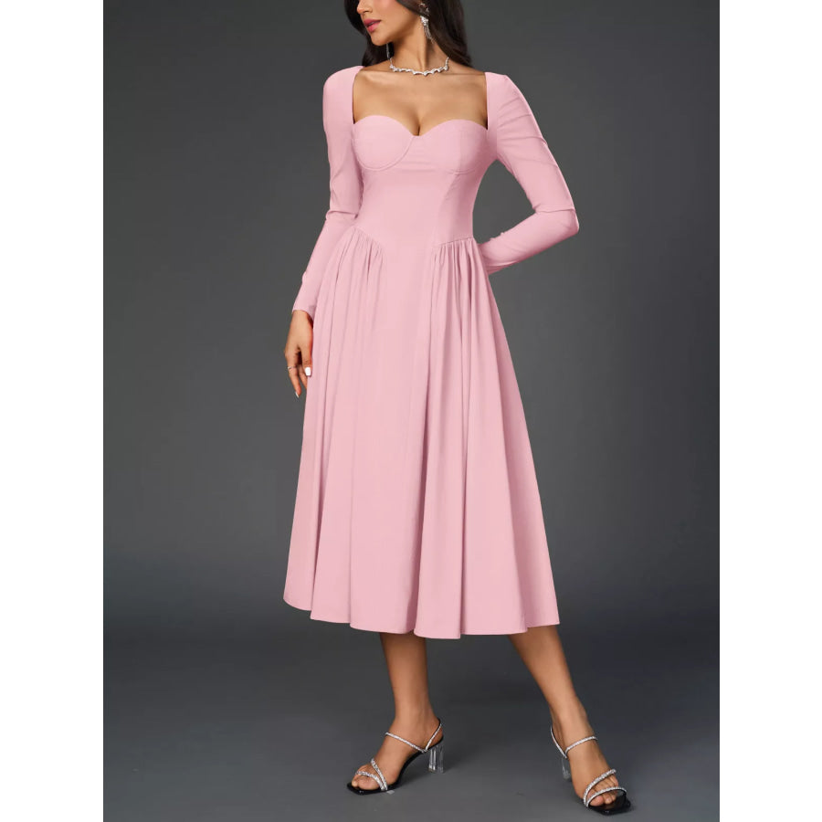 Sweetheart Neckline Long Sleeve A-Line Midi Dress Apparel and Accessories