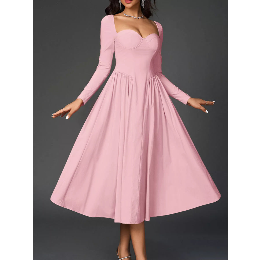 Sweetheart Neckline Long Sleeve A-Line Midi Dress Apparel and Accessories