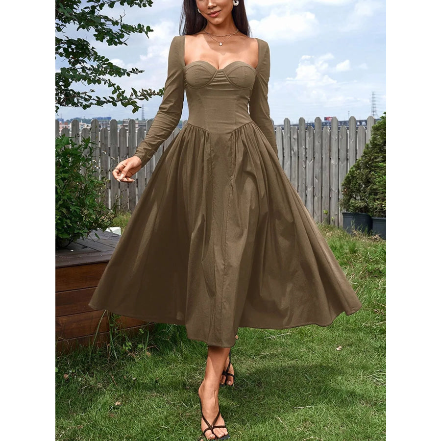 Sweetheart Neckline Long Sleeve A-Line Midi Dress Apparel and Accessories