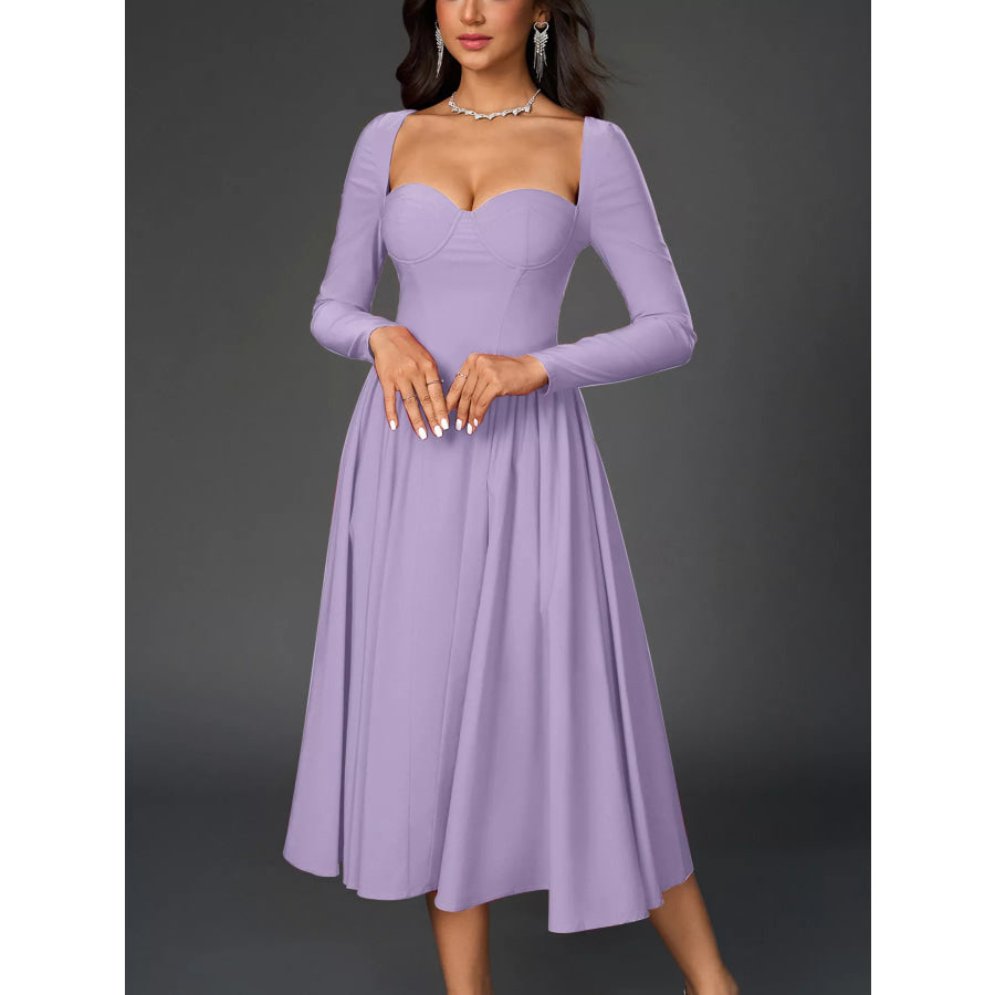 Sweetheart Neckline Long Sleeve A-Line Midi Dress Apparel and Accessories