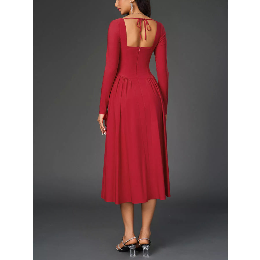 Sweetheart Neckline Long Sleeve A-Line Midi Dress Apparel and Accessories