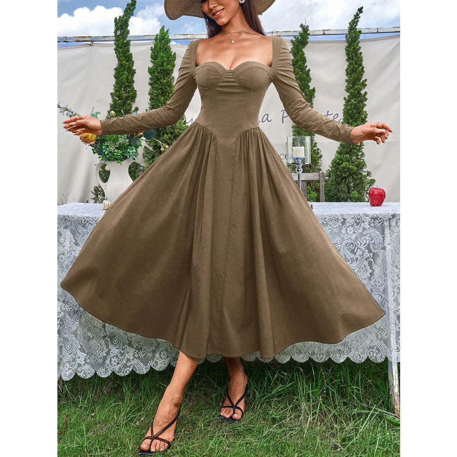 Sweetheart Neckline Long Sleeve A-Line Midi Dress Apparel and Accessories