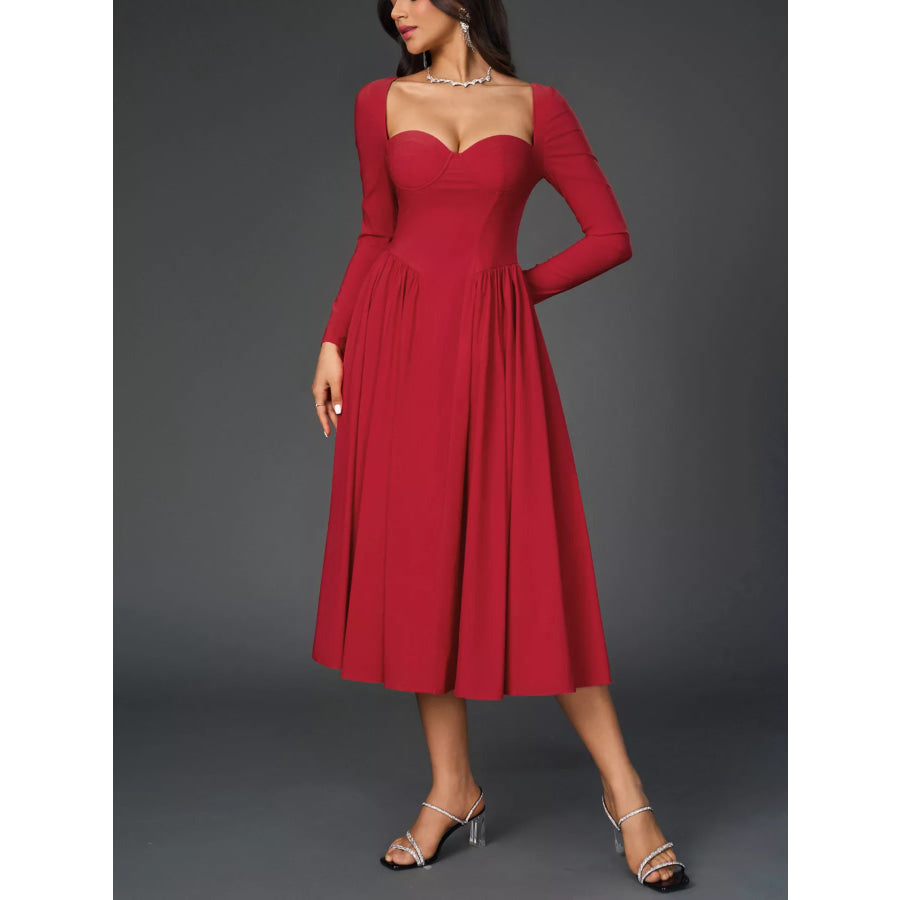 Sweetheart Neckline Long Sleeve A-Line Midi Dress Apparel and Accessories