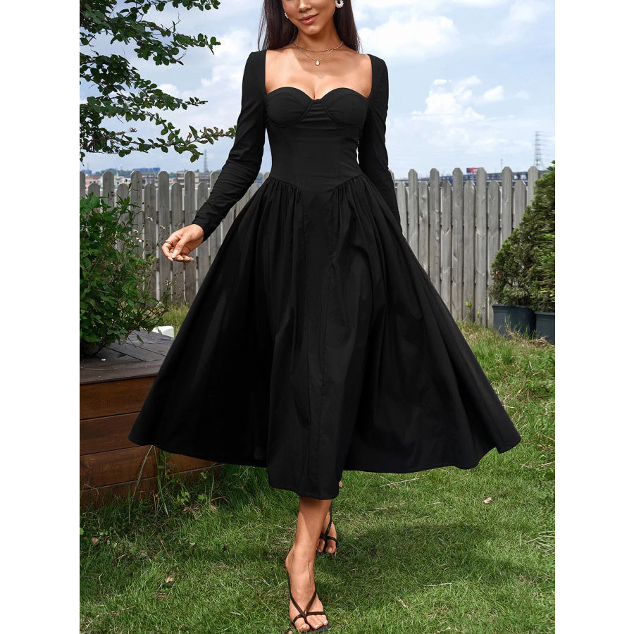 Sweetheart Neckline Long Sleeve A-Line Midi Dress Black / XS Apparel and Accessories