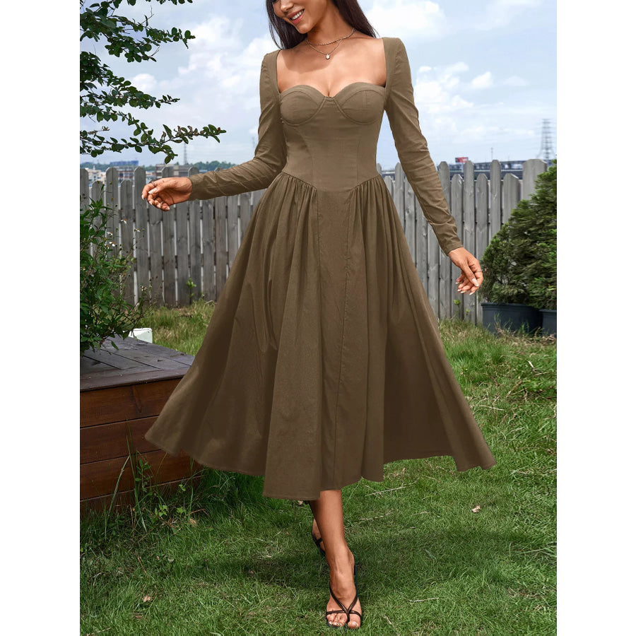 Sweetheart Neckline Long Sleeve A-Line Midi Dress Brown / XS Apparel and Accessories